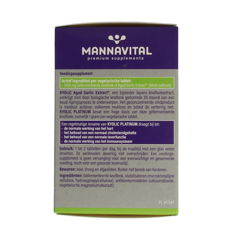 Mannavital Kyolic Platinum herbal supplement bottles with 60 tablets, featuring label details and product packaging.