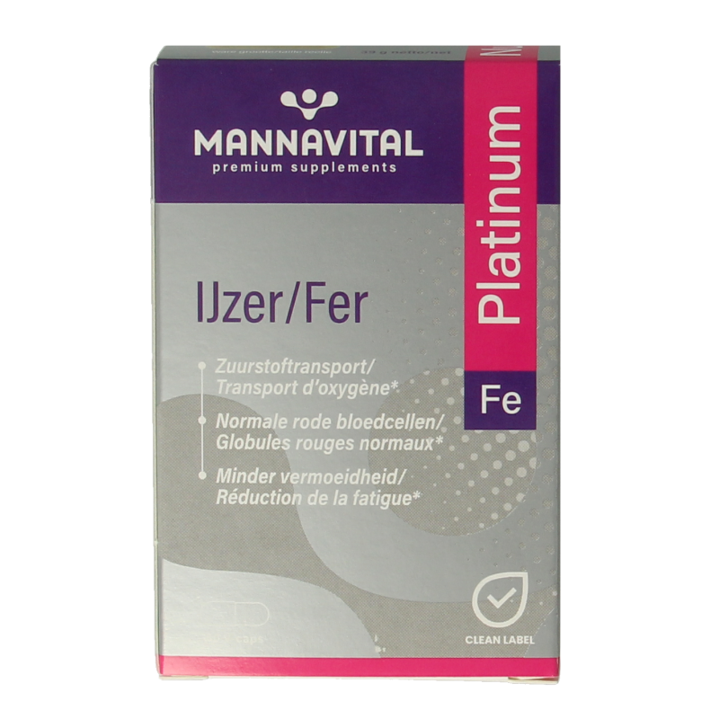 Mannavital IJzer platinum 60 vegetarian mineral capsules displayed in a clear container, highlighting iron supplement packaging.