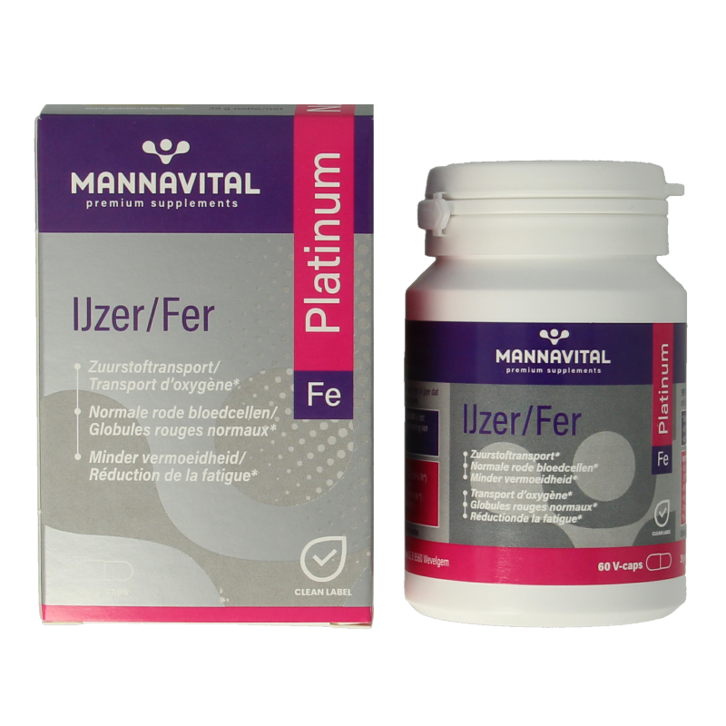 Mannavital IJzer Platinum 60 vegetarian mineral capsules in a clear bottle with label showing iron supplement for vegetarians