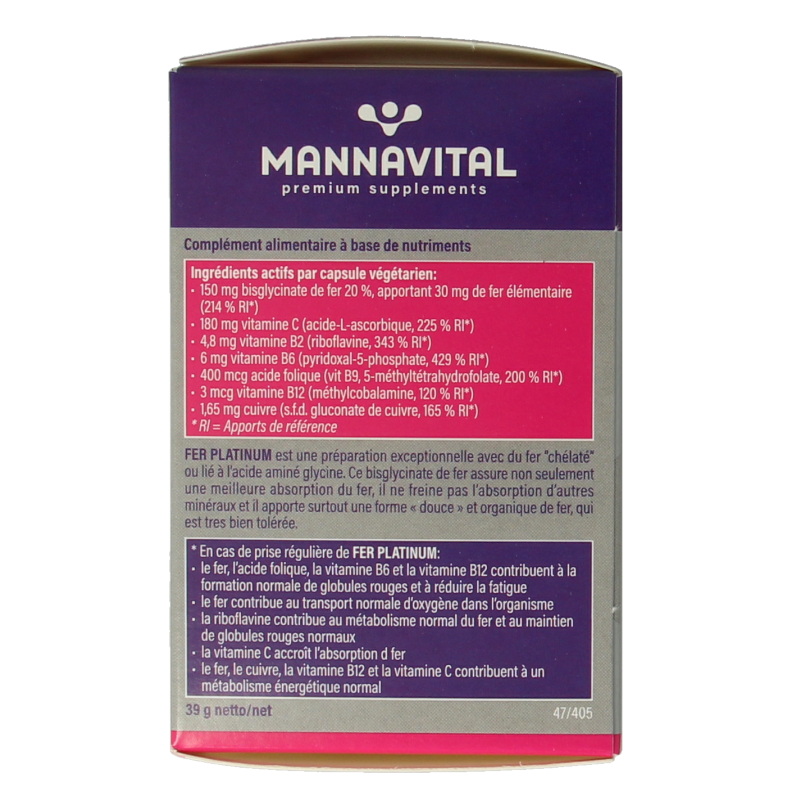 Mannavital IJzer Platinum 60 vegetarian mineral capsules in a blister pack, dietary supplement for iron intake.