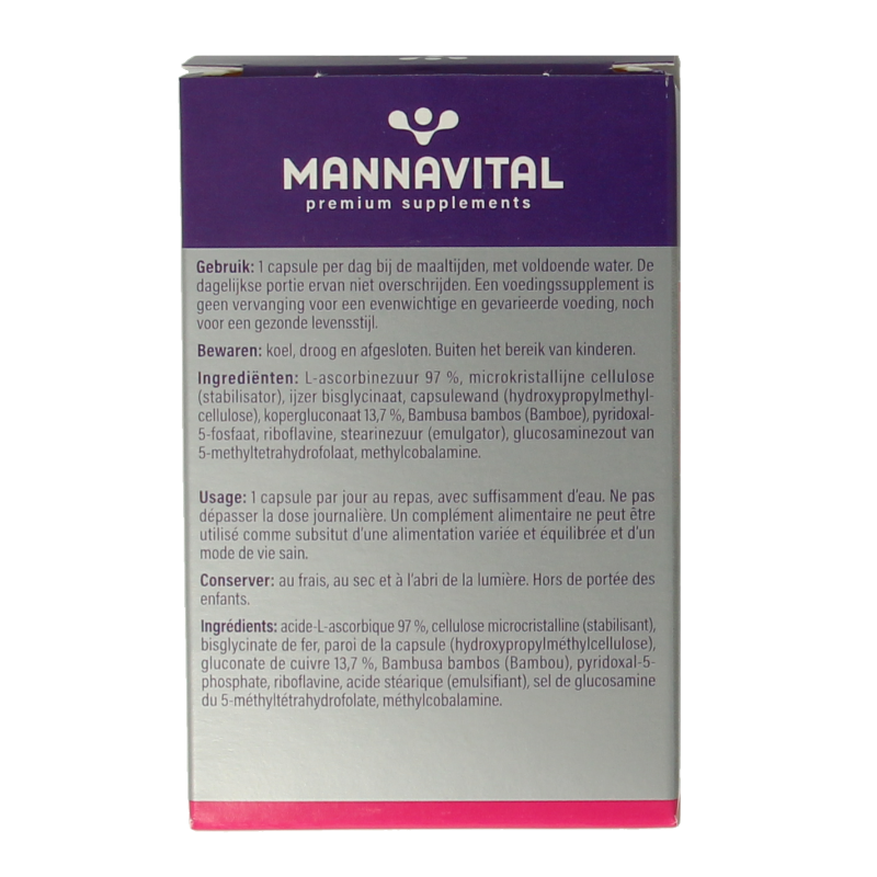 Mannavital IJzer platinum 60 vegetarian mineral capsules in a clear container, designed for iron supplements and mineral support.
