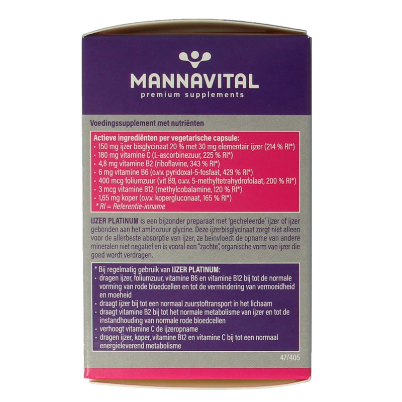 Mannavital IJzer Platinum vegetarian mineral capsules in a bottle, showing the supplement's packaging and capsules inside.