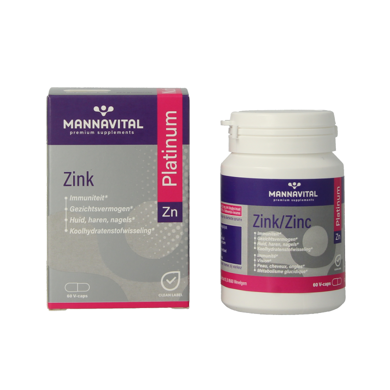Mannavital Zink Platinum vegetarian capsules bottle, mineral supplement with zinc, showing the product label and capsules.
