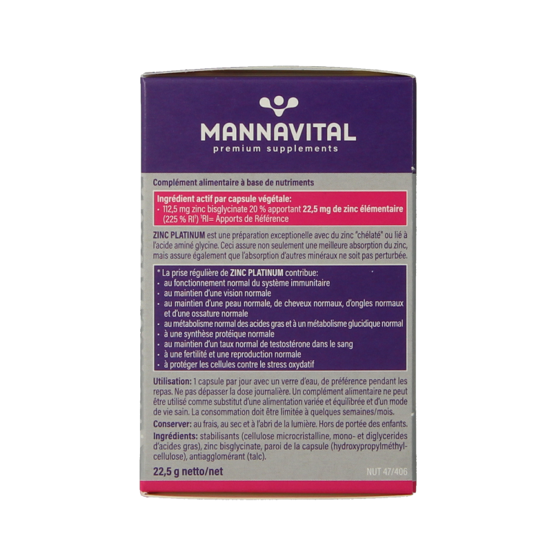 Mannavital Zink Platinum 60 vegetarian mineral capsules in a transparent bottle with label showing zinc supplement details.