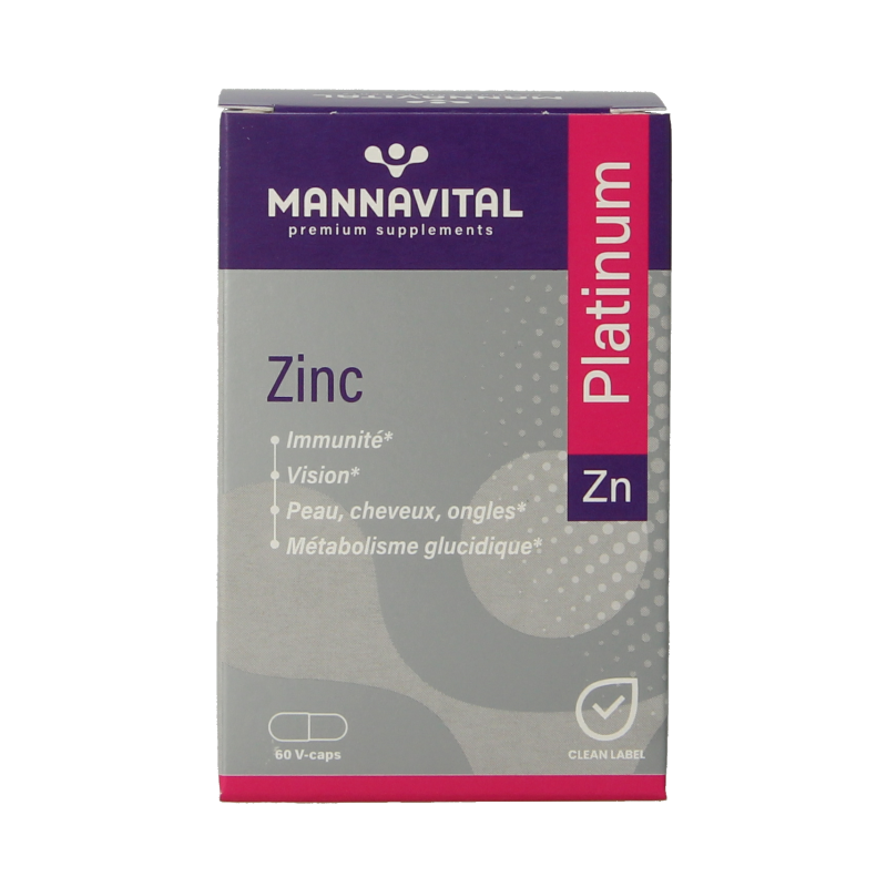 Mannavital Zink Platinum 60 vegetarian mineral capsules in a bottle, showing the product label and capsules inside