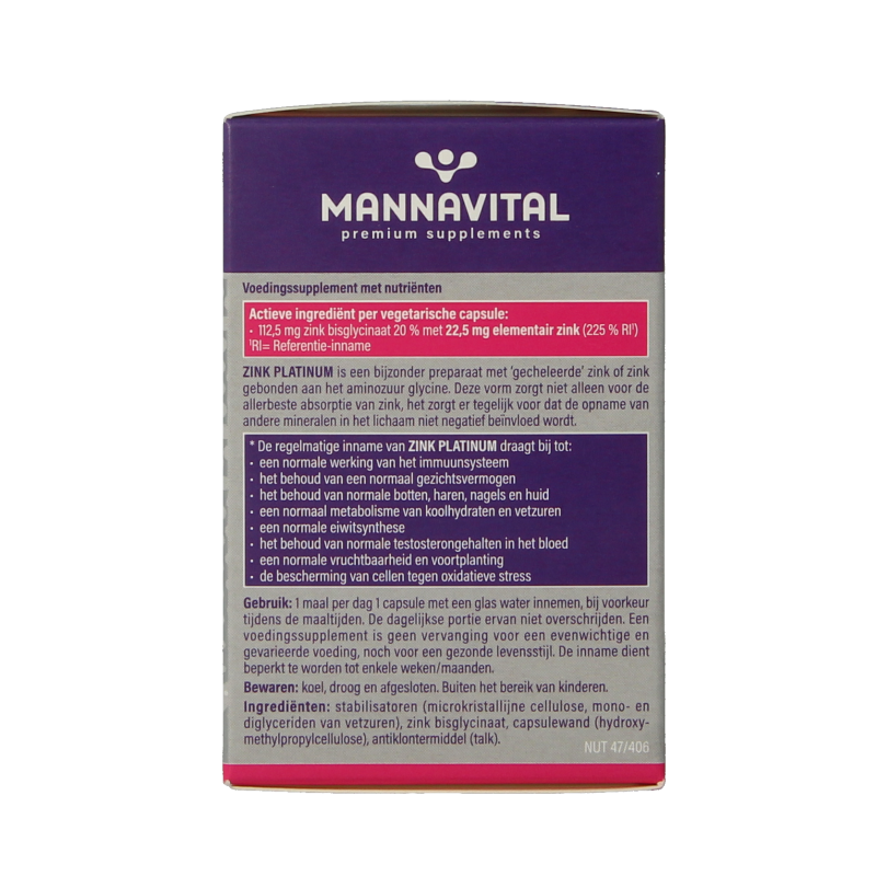 Mannavital Zink Platinum 60 vegetarian mineral capsules in a bottle, dietary supplement for immune support.