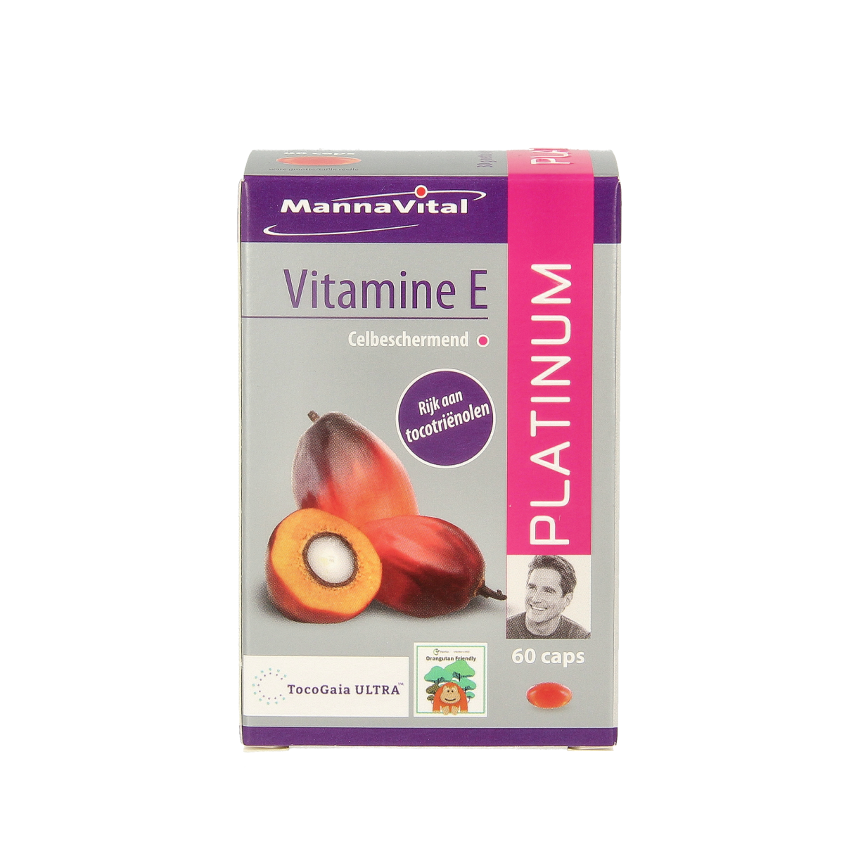 Mannavital Vitamine E Platinum vegetarian capsules in a bottle, dietary supplement for skin and antioxidant health