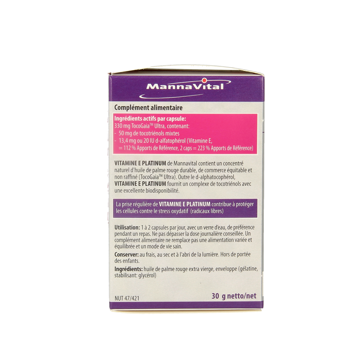 Mannavital Vitamine E Platinum vegetarian capsules in a bottle, supplement for skin and antioxidant health