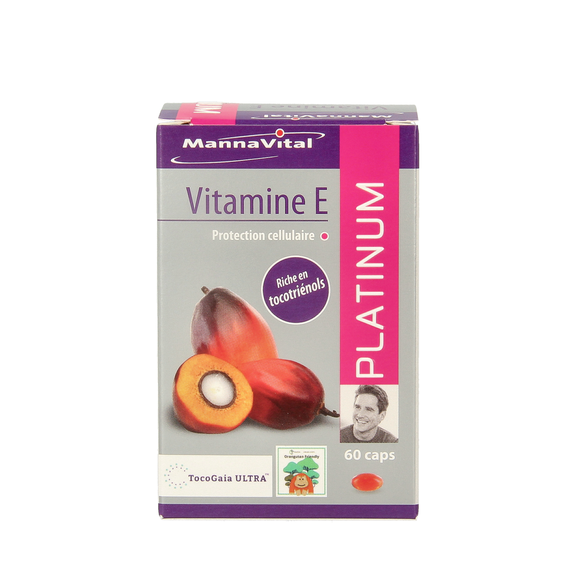Mannavital Vitamine E Platinum vegetarian capsules, 60 count, in a clear bottle with label displaying product details.