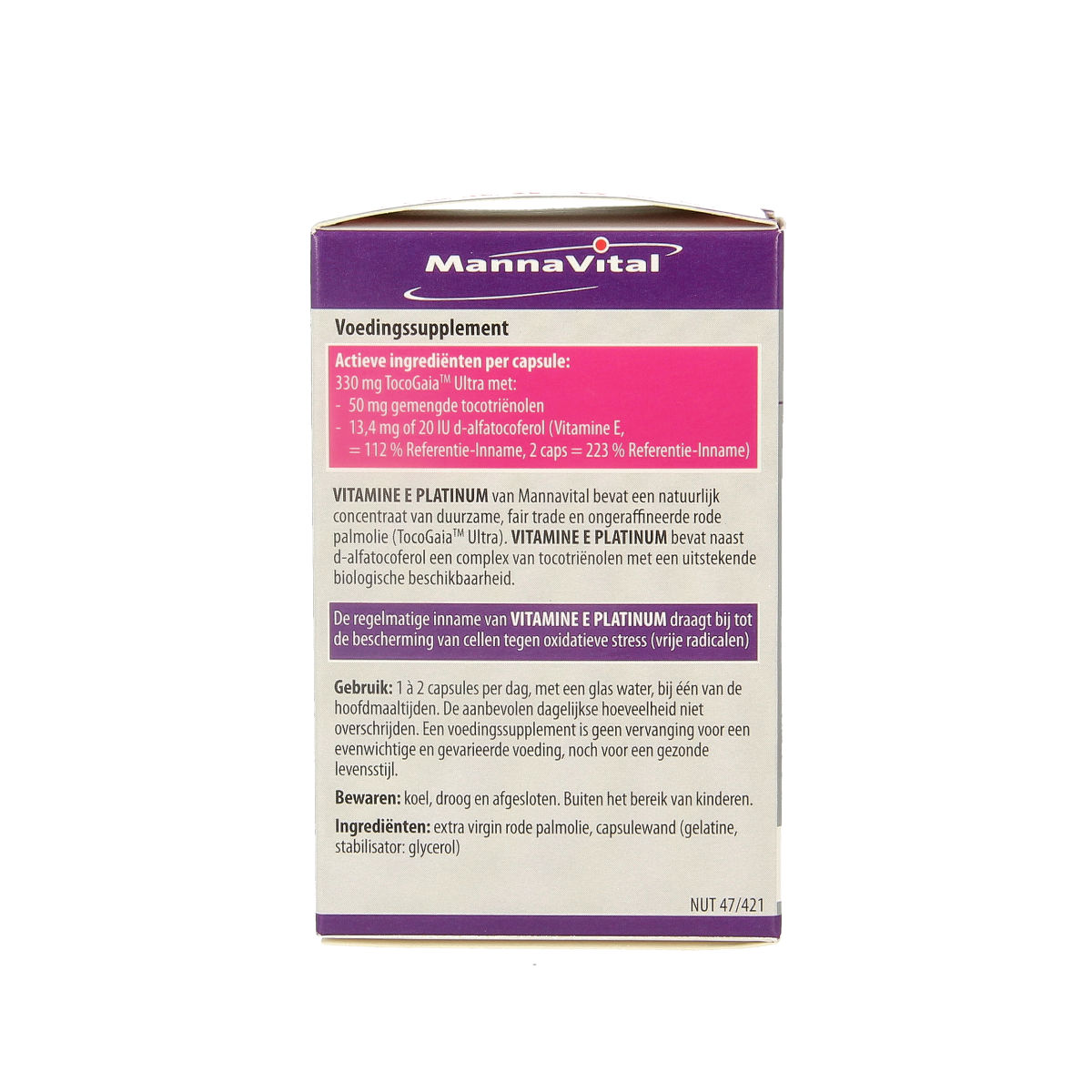 Mannavital Vitamine E Platinum vegetarian capsules in a bottle, dietary supplement for skin and antioxidant support