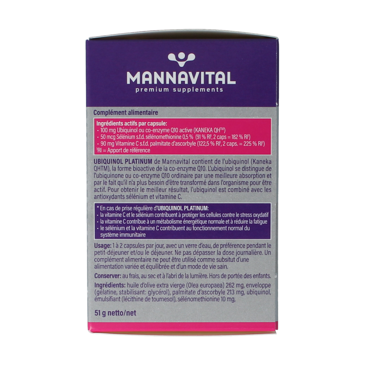 Mannavital Ubiquinol Platinum multivitamin capsules in a bottle, dietary supplement for energy and heart health.