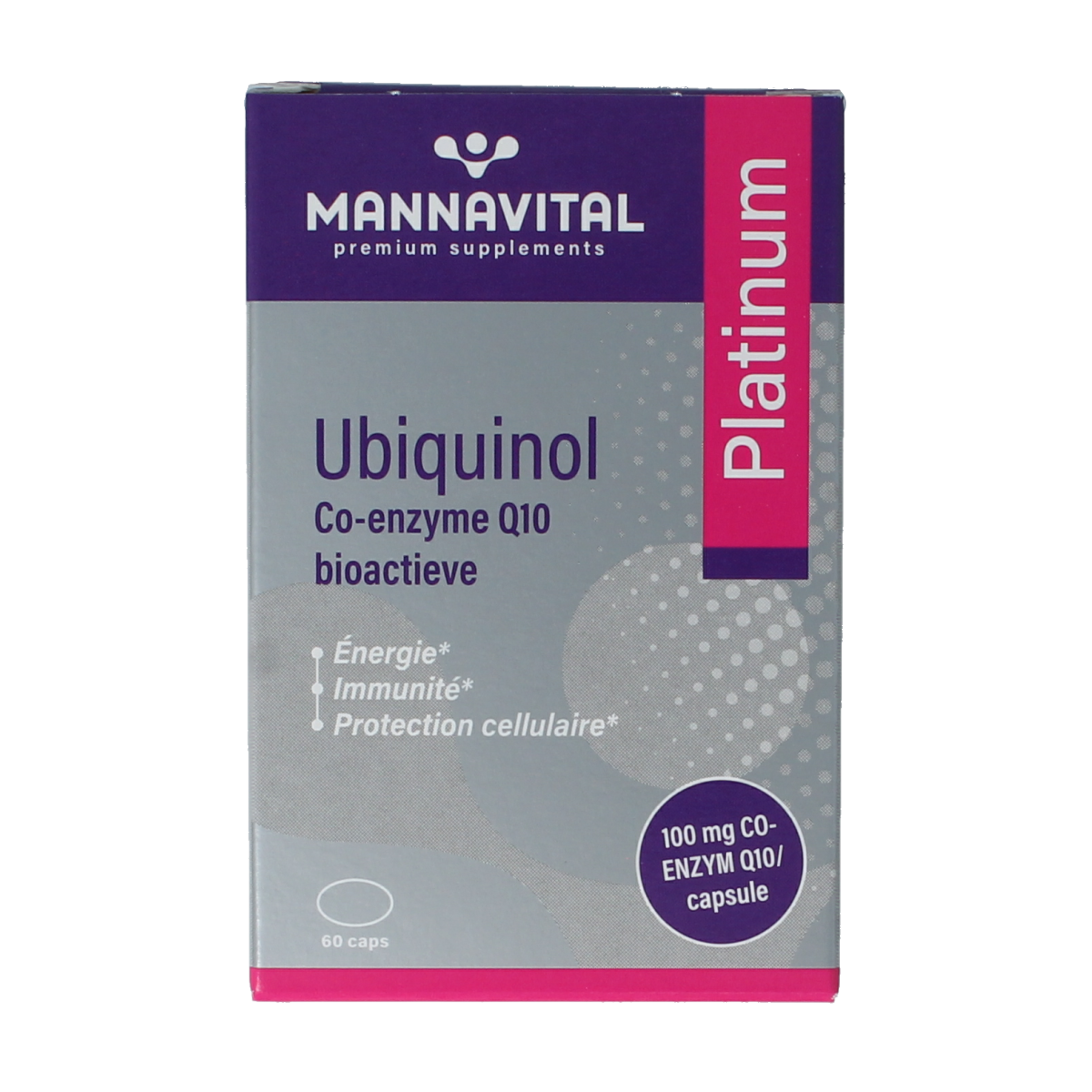 Mannavital Ubiquinol Platinum multivitamin capsules in a white bottle with a blue label, arranged on a white background.