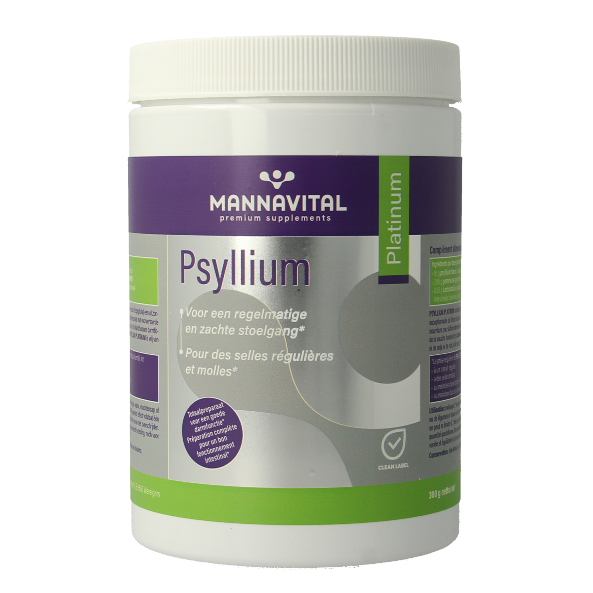 Mannavital Psyllium Platinum herbal supplement in a 300g container, part of Kruidenpreparaten, with a label showing product details.