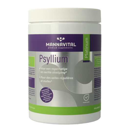 Mannavital Psyllium Platinum herbal supplement in a 300g container, part of Kruidenpreparaten, with a label showing product details.