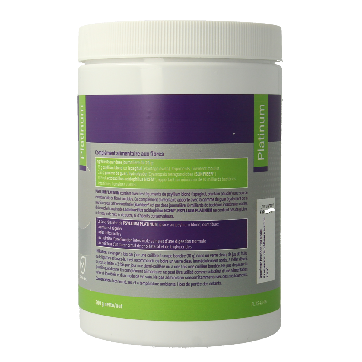 Mannavital Psyllium Platinum herbal supplement in a 300g container, featuring a white and green label with product details.