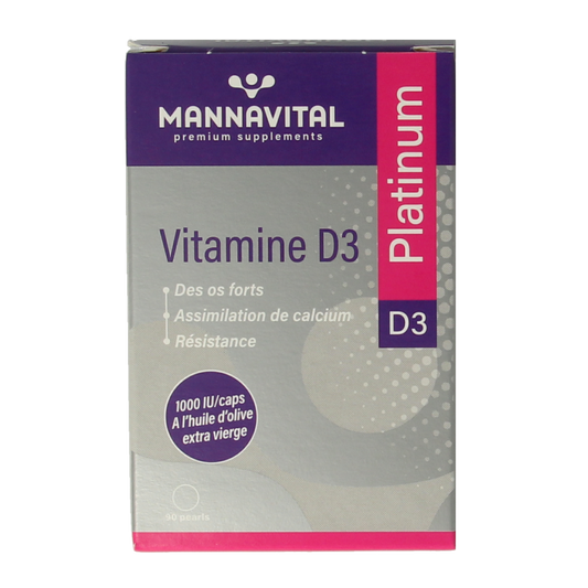 Mannavital Vitamin D3 Platinum 90 capsules, natural supplement in a white bottle with label, designed for immune support.