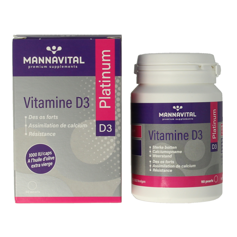 Mannavital Vitamin D3 Platinum 90 capsules, dietary supplement in blister pack, natural health product with orange and white packaging