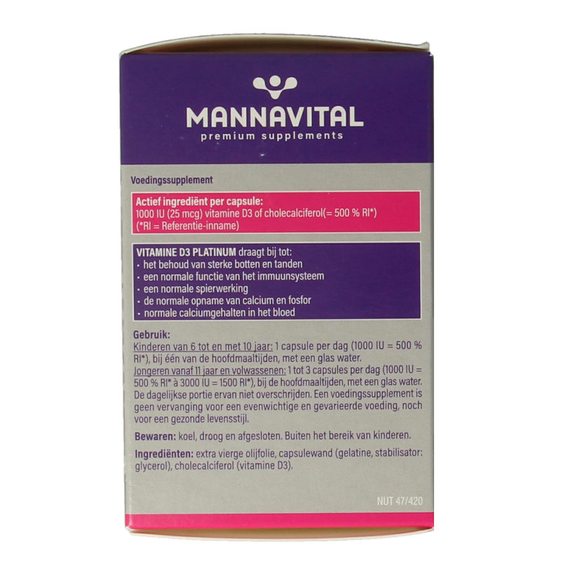 Mannavital Vitamine D3 Platinum 90 capsules, dietary supplement in a white bottle with label, for bone and immune health.
