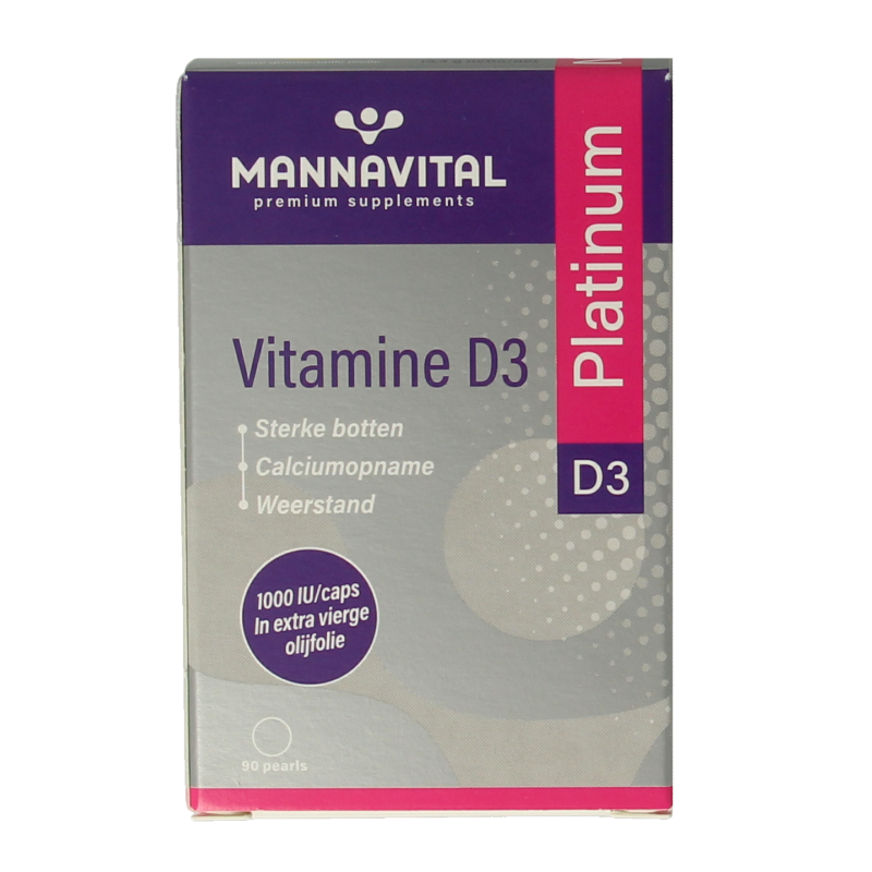 Mannavital Vitamin D3 Platinum 90 capsules bottle, supplement for bone health and immune support, in a clear plastic container