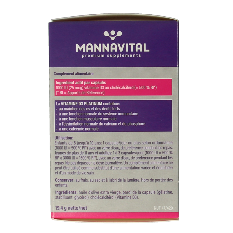 Mannavital Vitamin D3 Platinum 90 capsules, dietary supplement in orange bottle, showing the product label and capsules inside