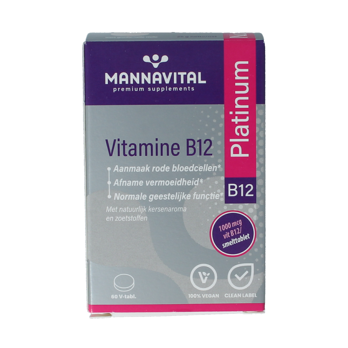 Mannavital Vitamin B12 Platinum supplement bottles with tablets, labeled as Mannavital Vitamin B12 Enkel in blister pack.