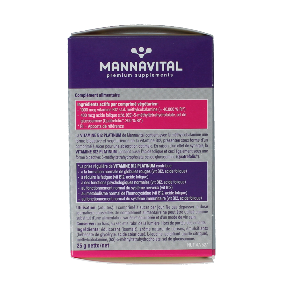 Mannavital Vitamin B12 Platinum supplement bottle with 60 tablets, showing the label and product packaging.
