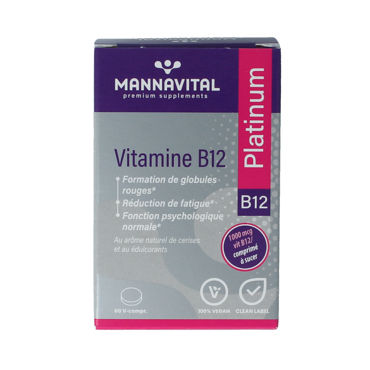 Mannavital Vitamin B12 Platinum supplement bottles with 60 tablets, displaying the product label and packaging.