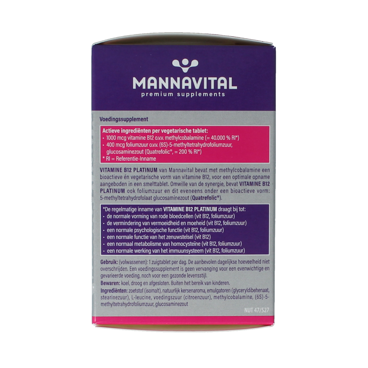 Mannavital Vitamin B12 Platinum supplement bottle with 60 tablets, showing the label and product packaging.