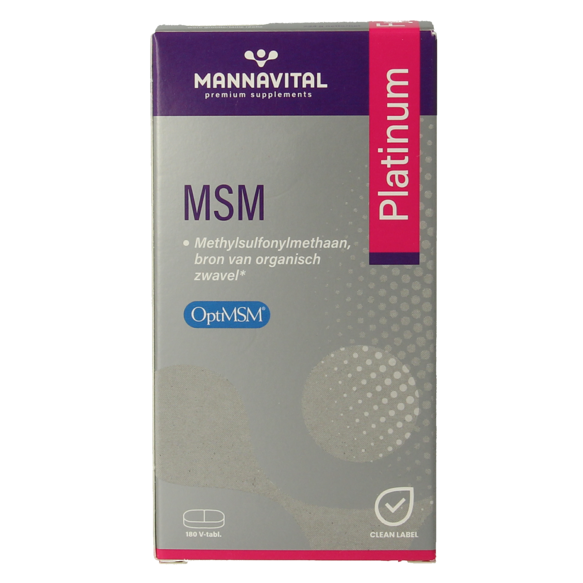 Mannavital MSM Platinum mineral supplement tablets, 180 count, showing the bottle and tablets on a white background.