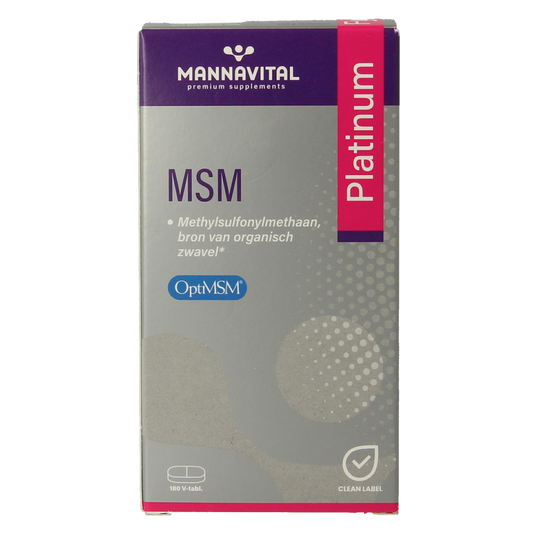 Mannavital MSM Platinum mineral supplement tablets, 180 count, showing the bottle and tablets on a white background.