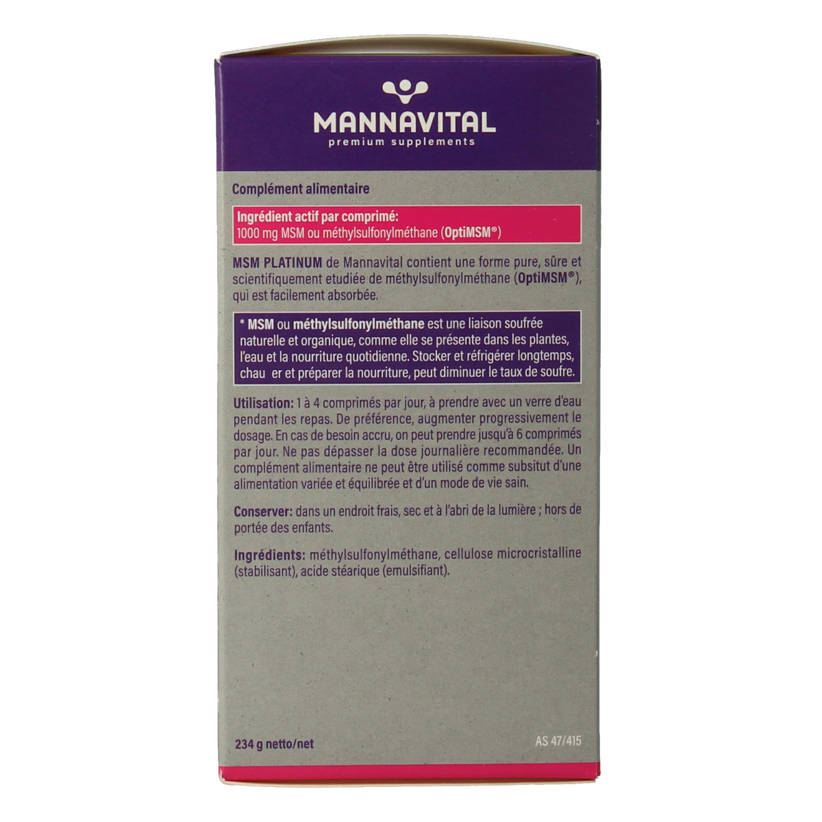 Mannavital MSM Platinum mineral tablets bottle, showing 180 tablets, with label displaying product details and branding.