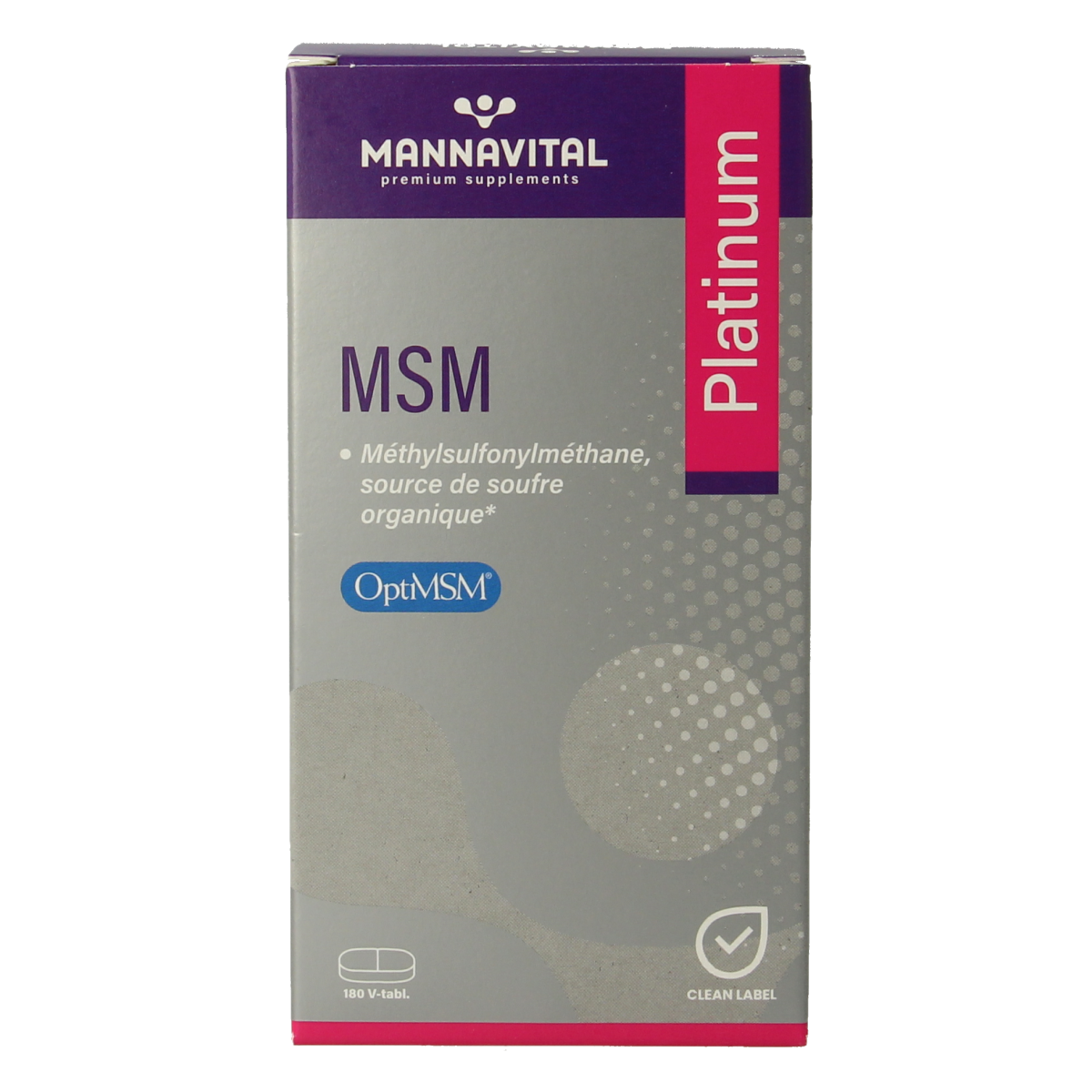 Mannavital MSM Platinum mineral supplement bottle with 180 tablets, featuring a white label with blue and green accents.
