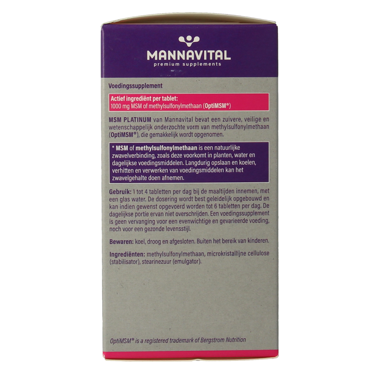 Mannavital MSM Platinum mineral tablets, 180 count, showing a bottle of dietary supplement tablets on a white background.