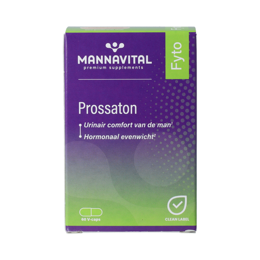 Mannavital Prossaton 60 vegetarian herbal capsules in a clear container, designed for natural dietary supplement use.