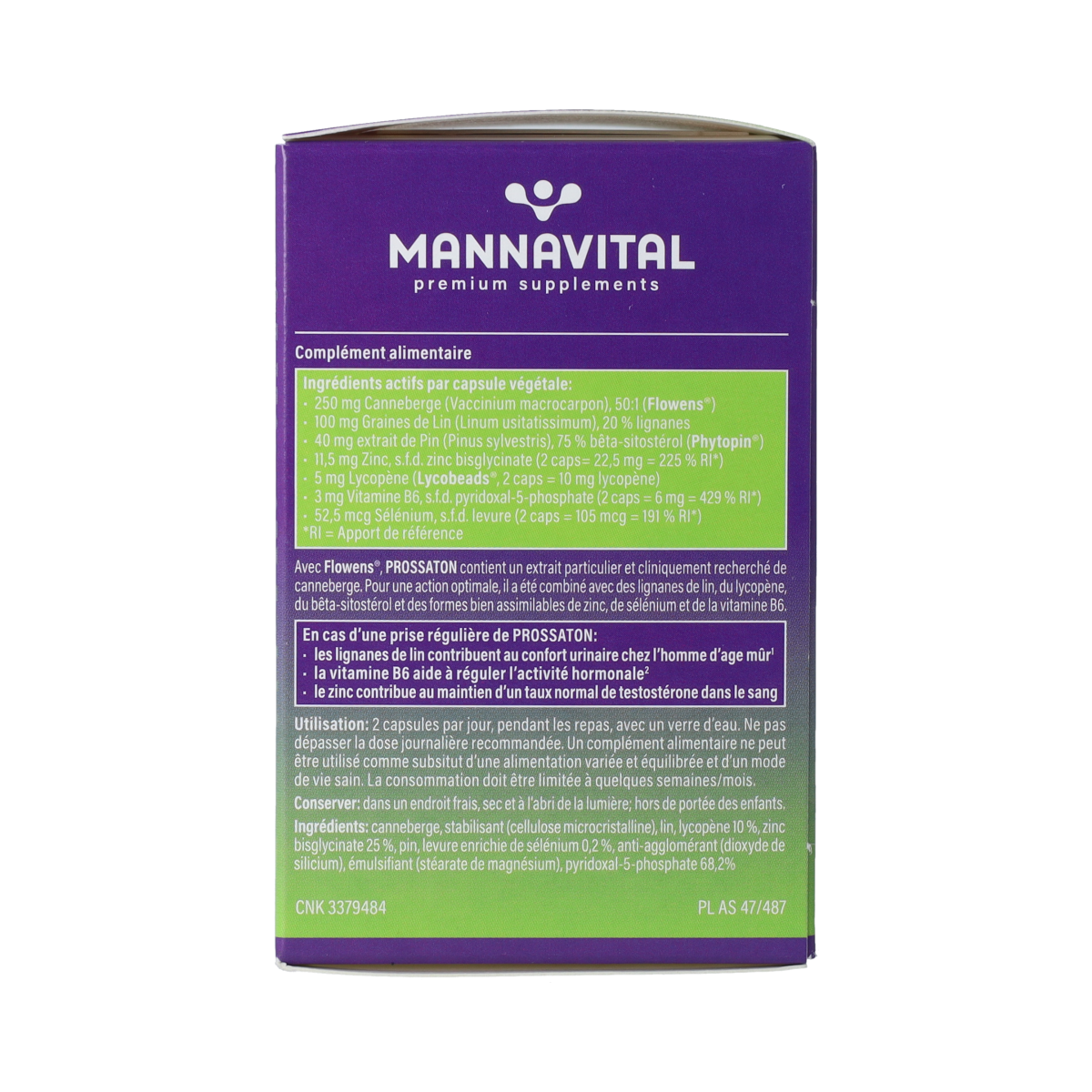 Mannavital Prossaton 60 vegetarian herbal capsules in a clear bottle, designed for dietary supplement use.
