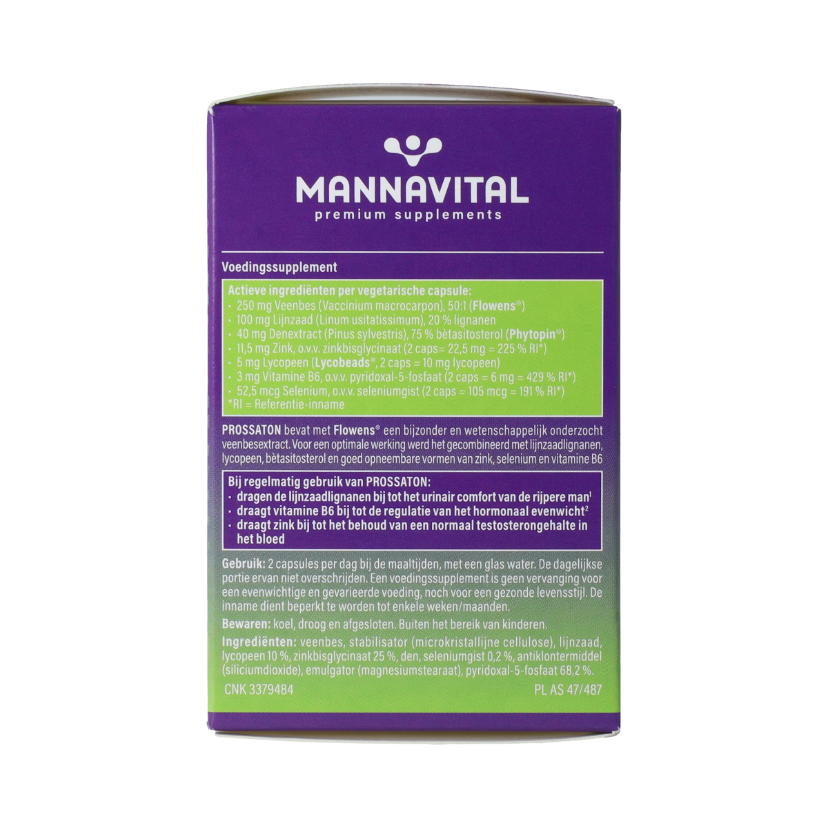 Mannavital Prossaton 60 vegetarian herbal capsules in a clear bottle, designed for natural health support.