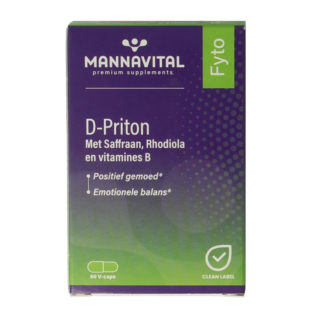 Mannavital D-priton herbal supplement capsules in a bottle, featuring the Mannavital brand label and 60 capsules.