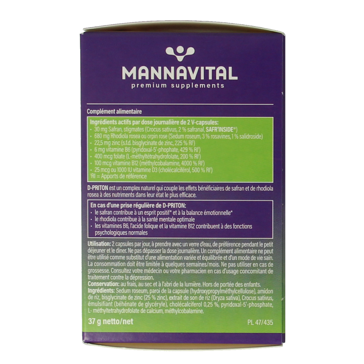 Mannavital D-priton capsules, herbal supplement in a transparent bottle with capsules visible inside.