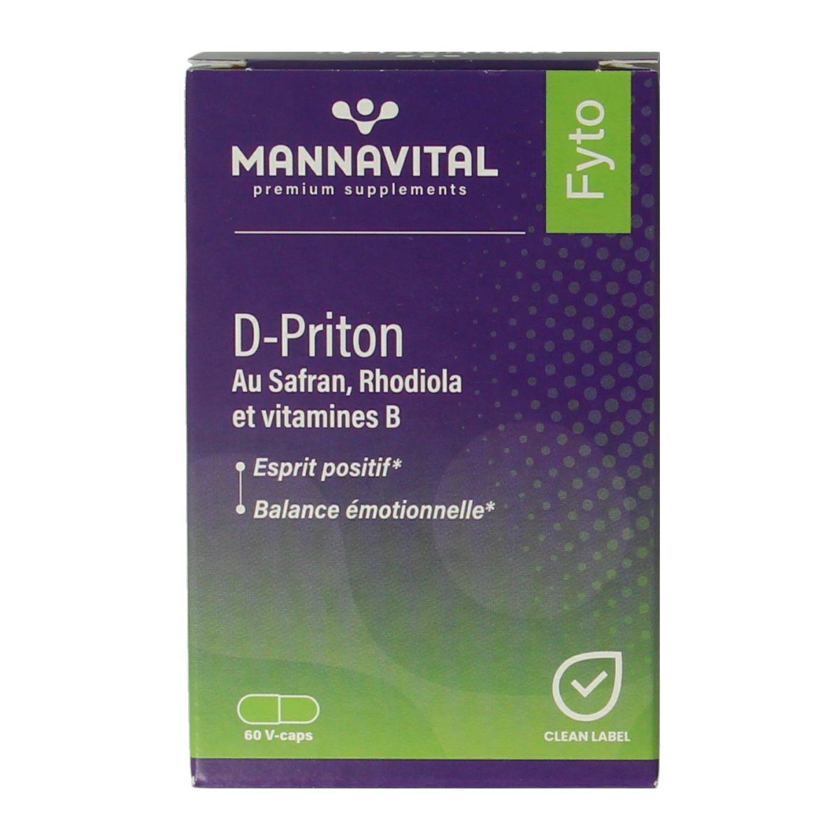 Mannavital D-priton capsules, herbal supplement in a clear plastic bottle with a white label, displayed on a white background.