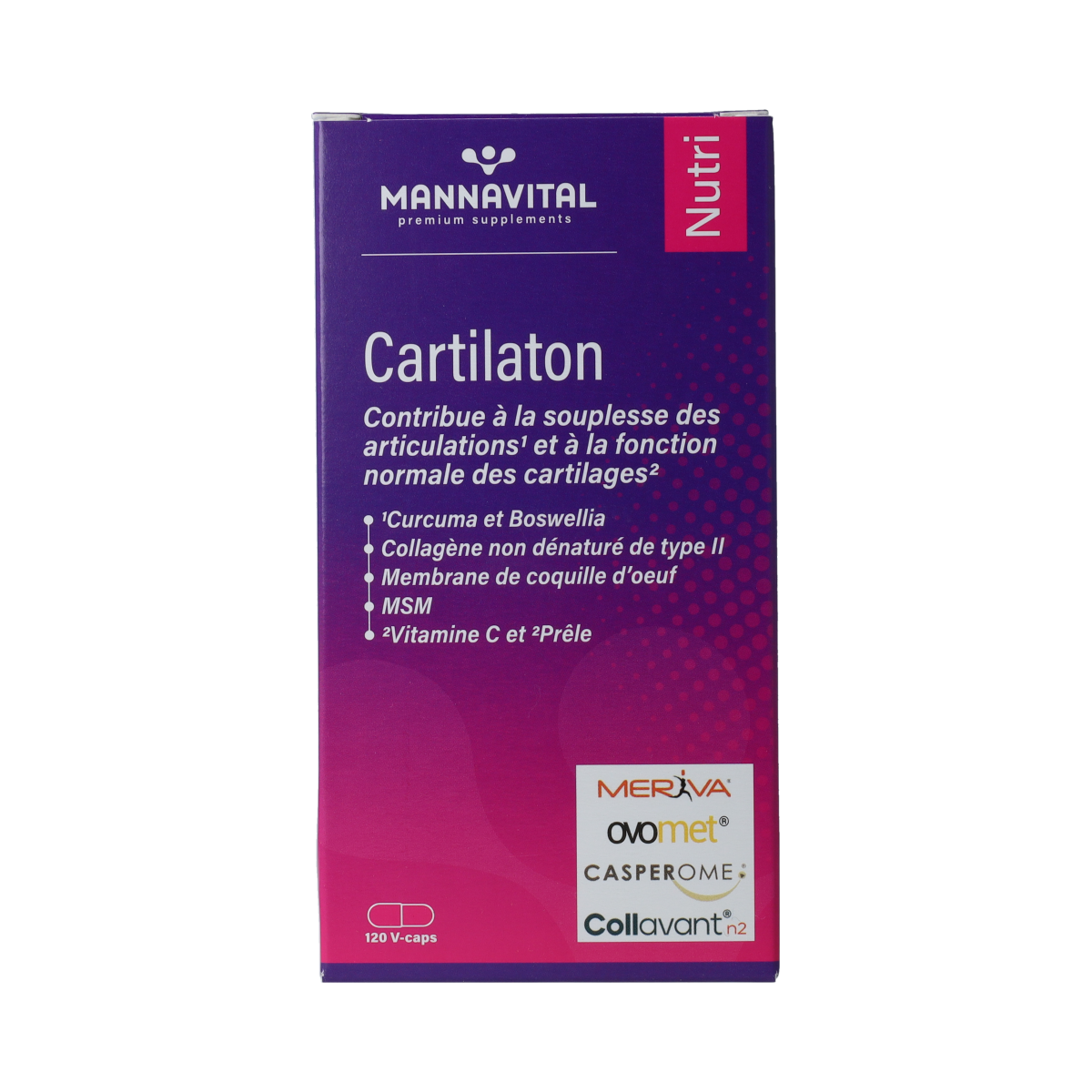 Mannavital Cartilaton vegetarian capsules, herbal supplement in a white bottle with label, used for joint health support.