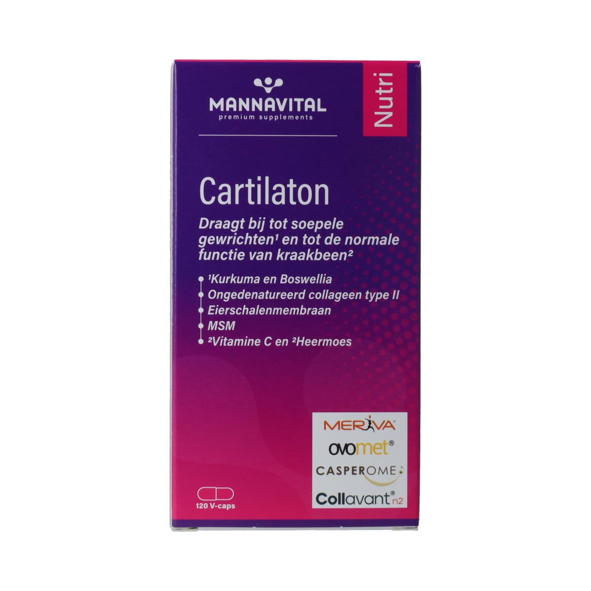 Vegetarian capsules of Mannavital Cartilaton dietary supplement, featuring herbal ingredients in a clear container.
