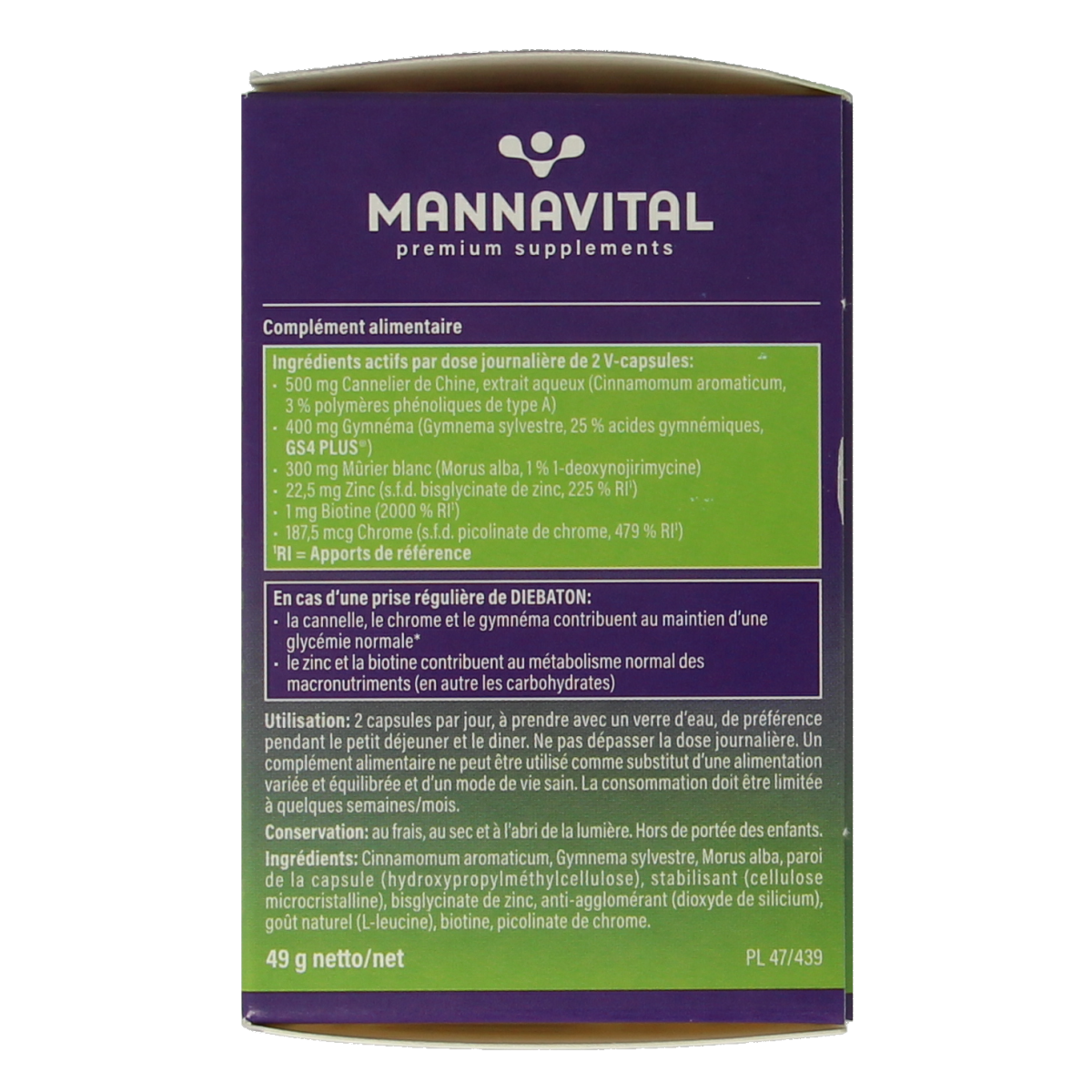 Mannavital Diebaton 60 vegetarian herbal capsules in a clear container with label showing product details.