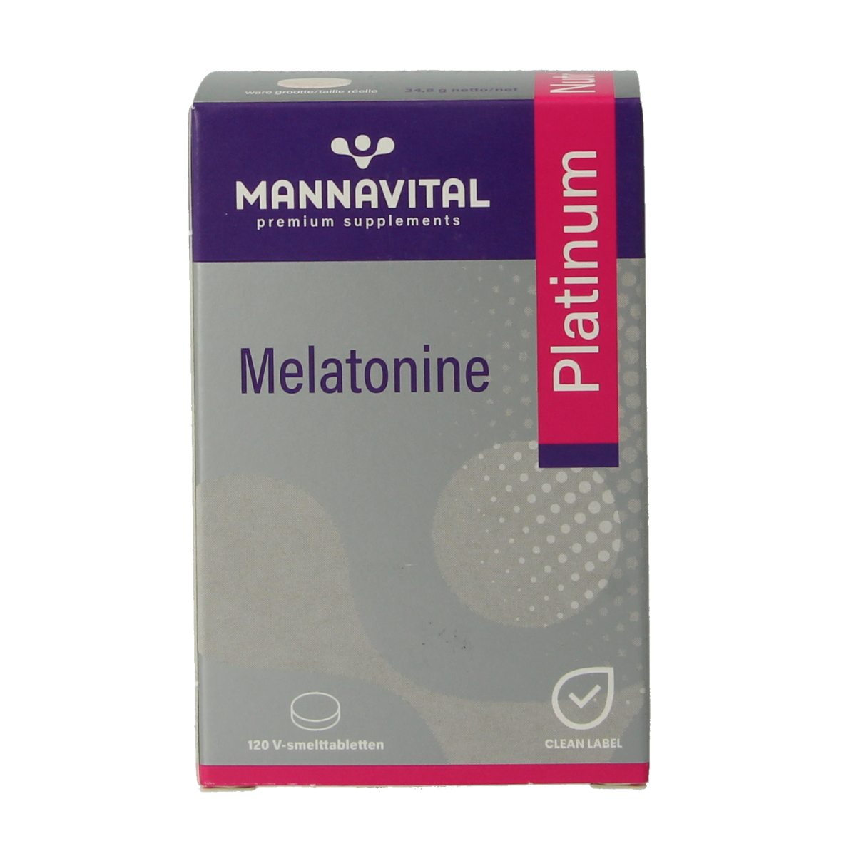 Mannavital Melatonine Platinum herbal supplement box with 120 chewable tablets, natural sleep aid product.