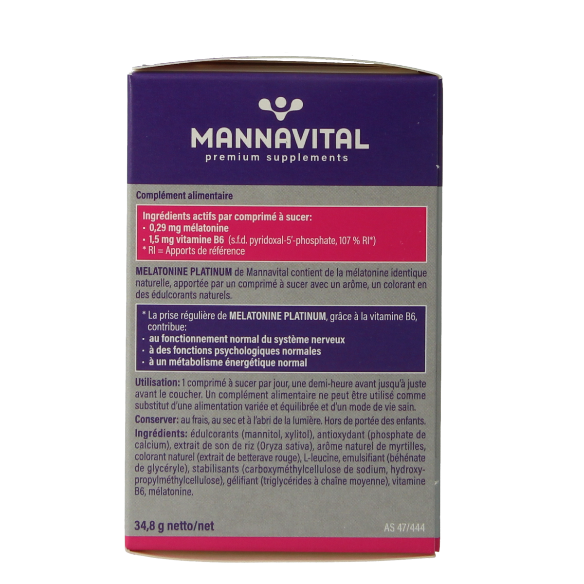 Mannavital Melatonine Platinum 120 smelttabletten herbal supplement bottle with label details, natural health product.