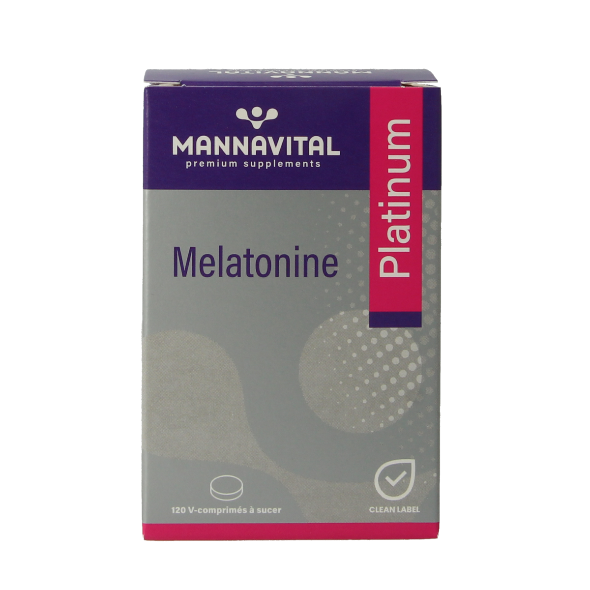 Mannavital Melatonine Platinum 120 smelttabletten herbal supplement, showing the product box and tablets inside.