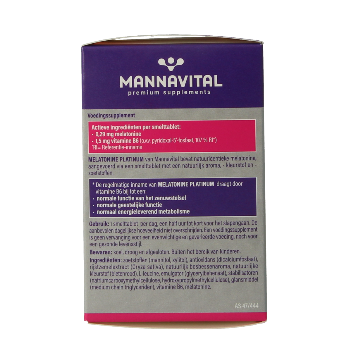 Mannavital Melatonine Platinum herbal sleep tablets in blister pack, designed to support relaxation and sleep quality.