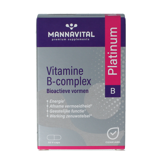 Mannavital Vitamin B complex Platinum vegetarian capsules, dietary supplement with B vitamins in a clear bottle.