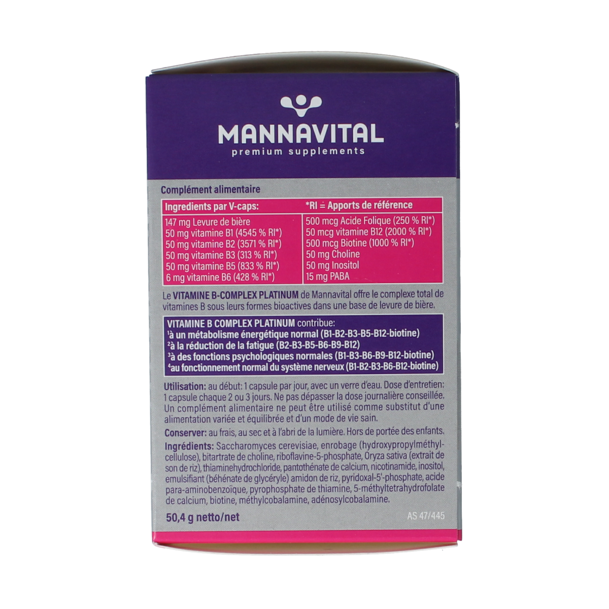 Mannavital Vitamin B Complex Platinum vegetarian capsules, dietary supplement with B vitamins, in a clear bottle.
