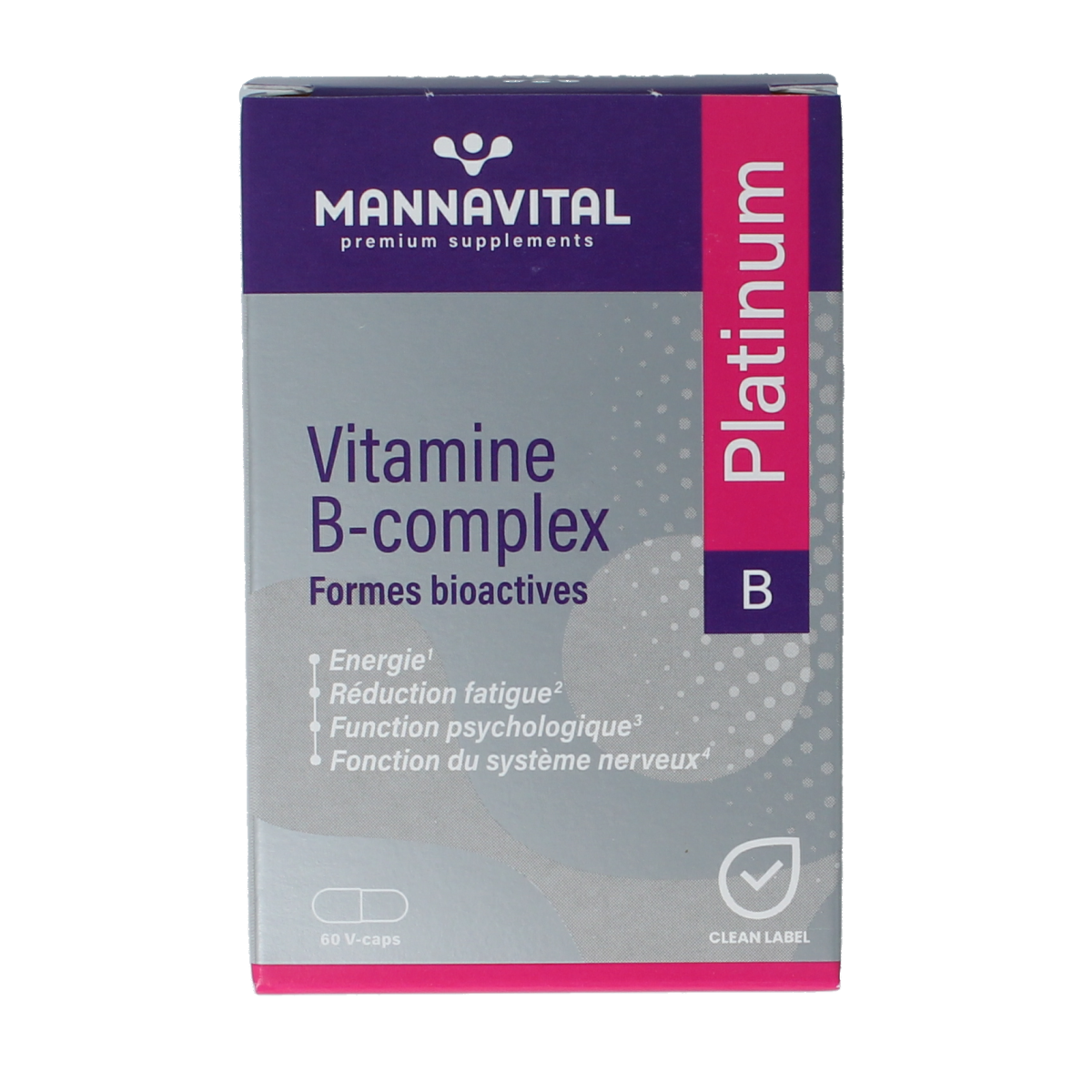 Mannavital Vitamin B Complex Platinum vegetarian capsules in a bottle, dietary supplement for energy and overall health.
