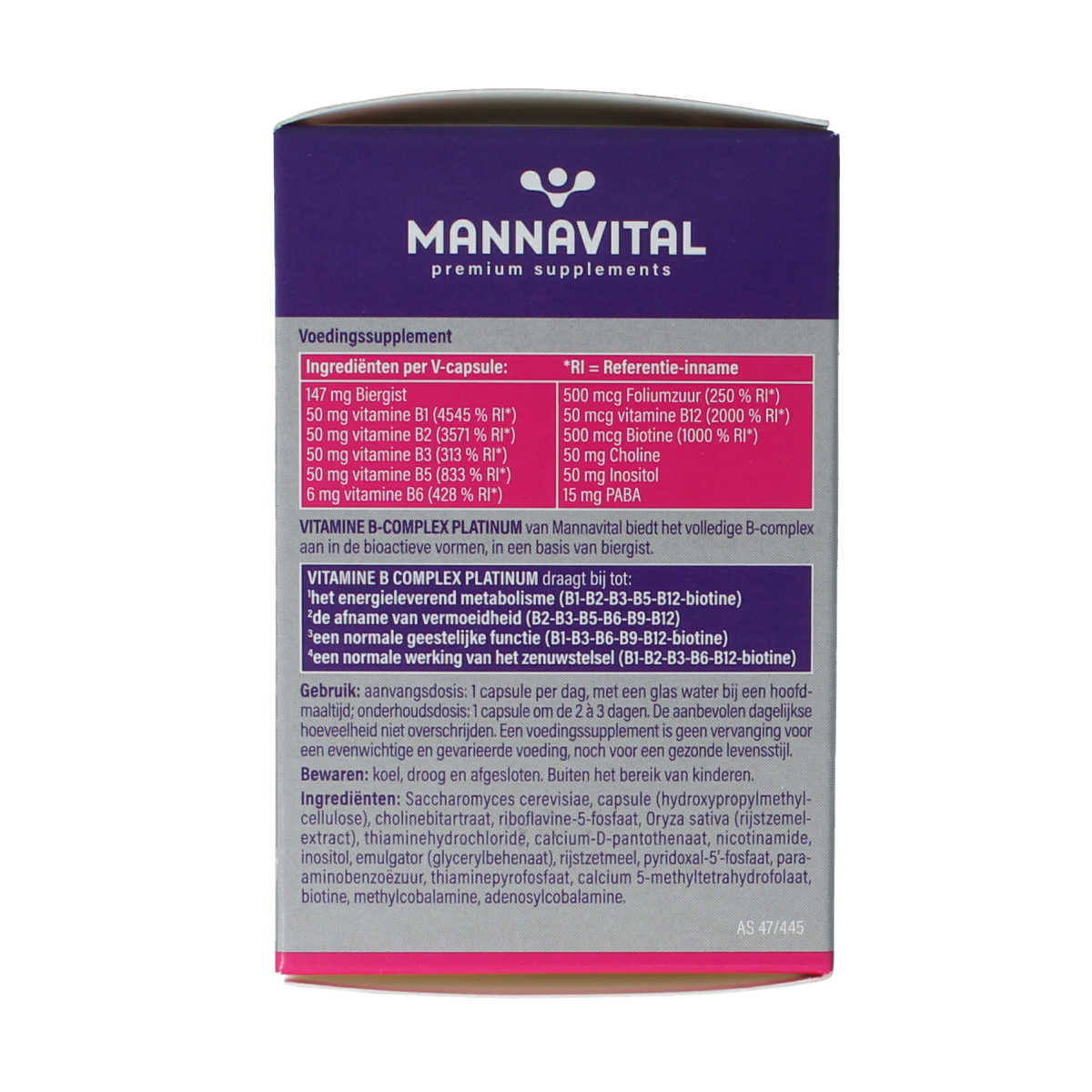 Mannavital Vitamin B complex platinum vegetarian capsules, dietary supplement, shown in white bottle with label.